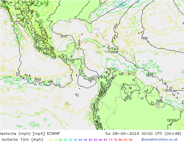 Izotacha (mph) ECMWF so. 08.06.2024 00 UTC