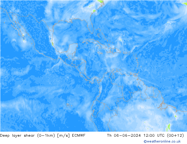 Deep layer shear (0-1km) ECMWF jue 06.06.2024 12 UTC