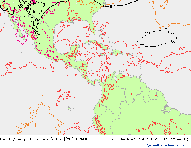 Height/Temp. 850 hPa ECMWF so. 08.06.2024 18 UTC