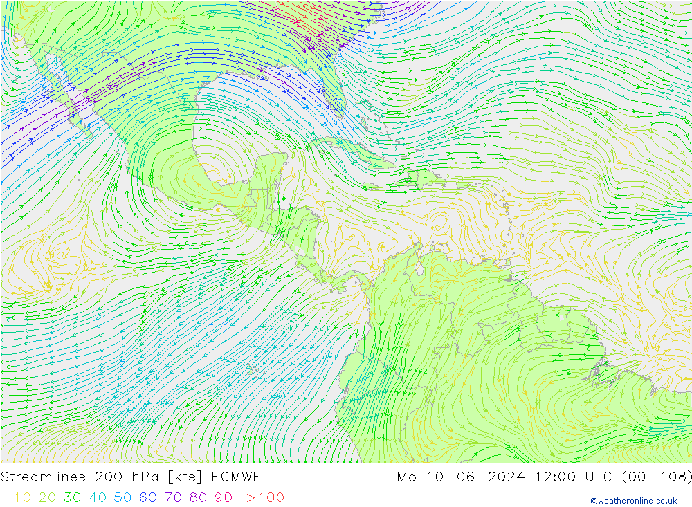 Linha de corrente 200 hPa ECMWF Seg 10.06.2024 12 UTC