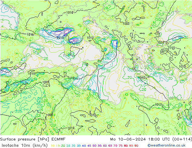 Isotachs (kph) ECMWF Mo 10.06.2024 18 UTC
