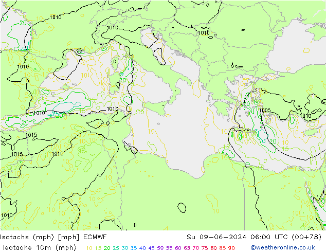 Isotachs (mph) ECMWF Su 09.06.2024 06 UTC
