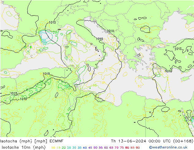 Isotachen (mph) ECMWF do 13.06.2024 00 UTC