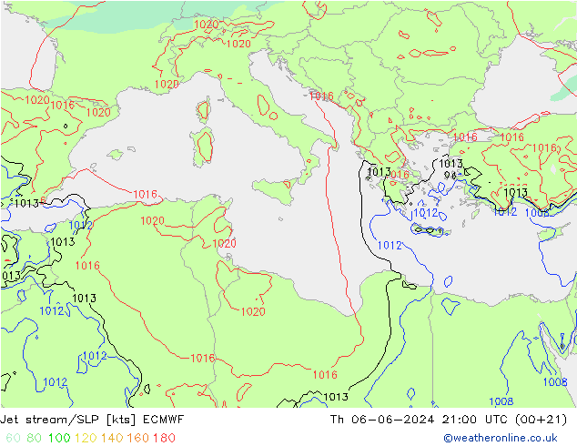 Jet stream ECMWF Qui 06.06.2024 21 UTC