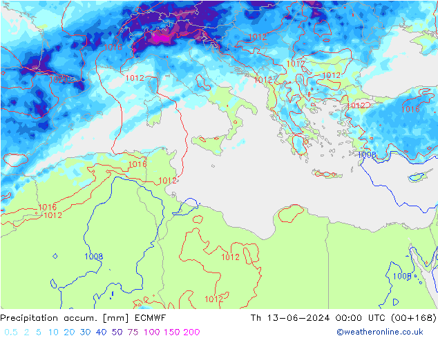 Precipitation accum. ECMWF gio 13.06.2024 00 UTC