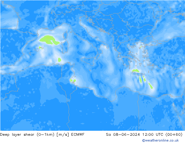 Deep layer shear (0-1km) ECMWF  08.06.2024 12 UTC