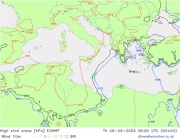 High wind areas ECMWF Th 06.06.2024 00 UTC