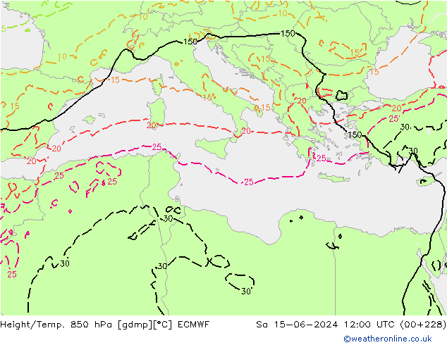 Height/Temp. 850 hPa ECMWF So 15.06.2024 12 UTC