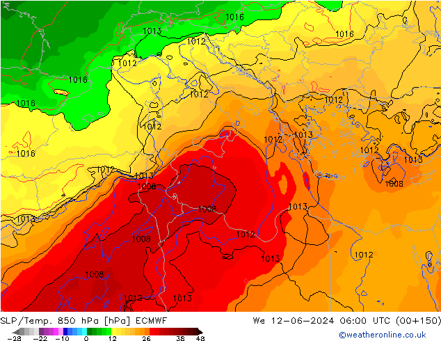 SLP/Temp. 850 hPa ECMWF Qua 12.06.2024 06 UTC