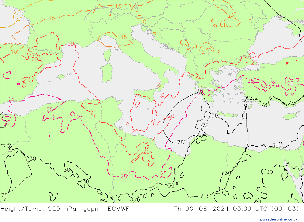 Height/Temp. 925 hPa ECMWF gio 06.06.2024 03 UTC