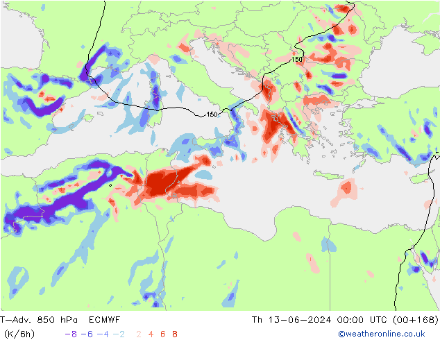 T-Adv. 850 hPa ECMWF jeu 13.06.2024 00 UTC