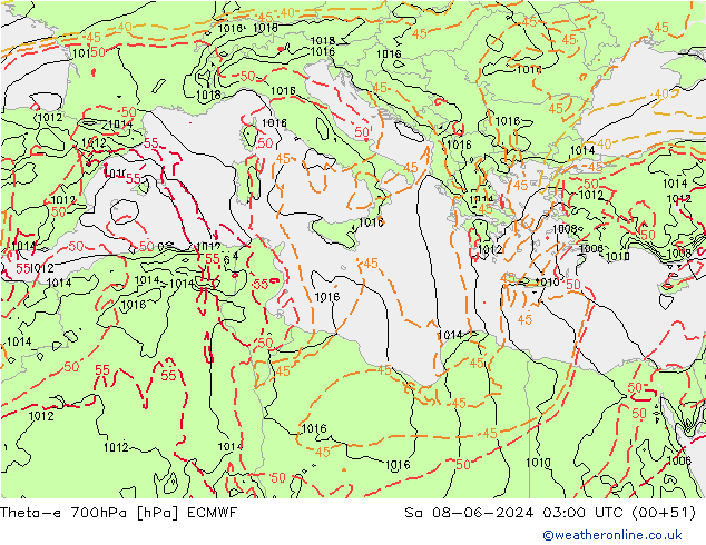 Theta-e 700hPa ECMWF Sáb 08.06.2024 03 UTC