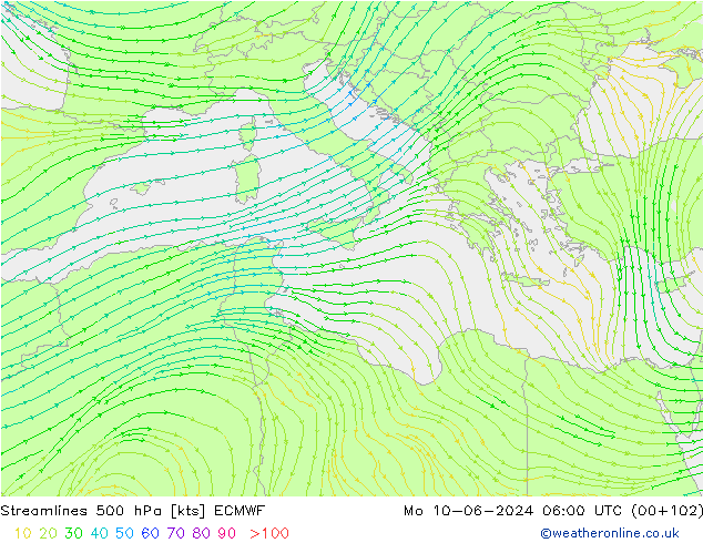 Linia prądu 500 hPa ECMWF pon. 10.06.2024 06 UTC