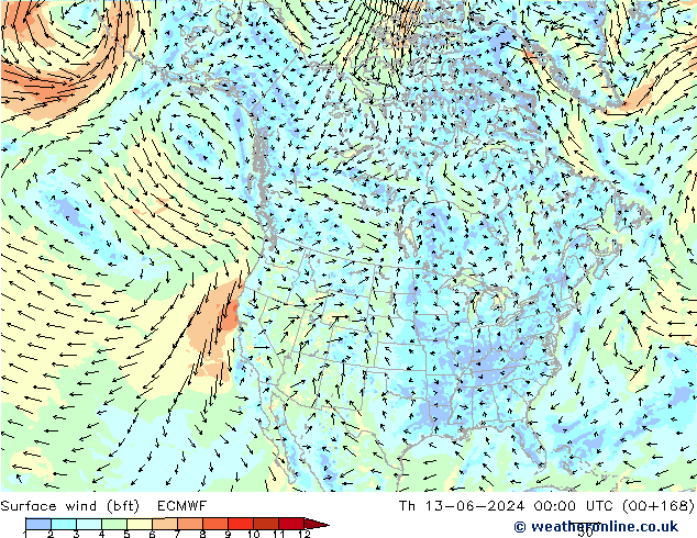 Wind 10 m (bft) ECMWF do 13.06.2024 00 UTC