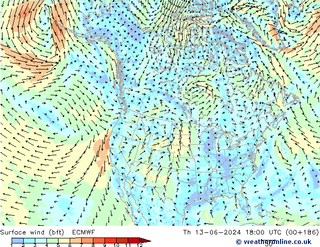 Vento 10 m (bft) ECMWF gio 13.06.2024 18 UTC