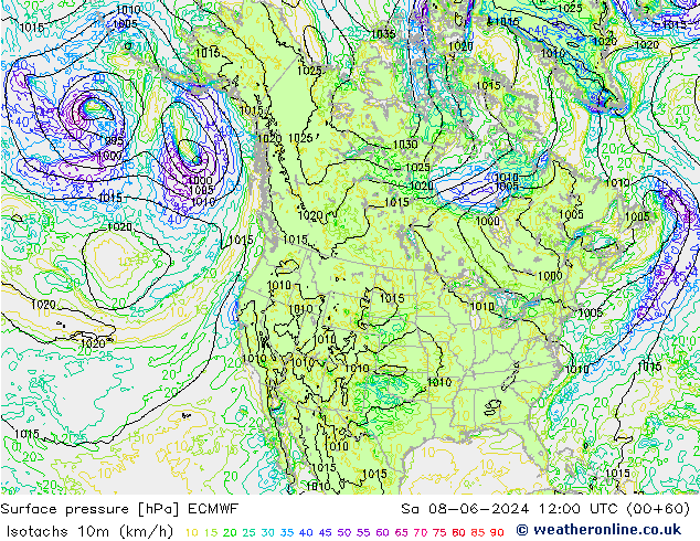 Isotachs (kph) ECMWF Sa 08.06.2024 12 UTC