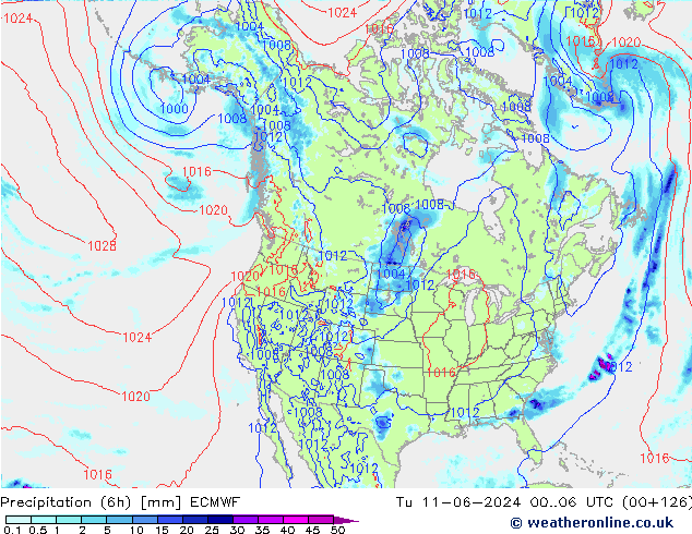 Precipitation (6h) ECMWF Út 11.06.2024 06 UTC