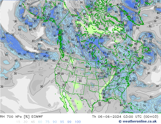 RH 700 hPa ECMWF Qui 06.06.2024 03 UTC