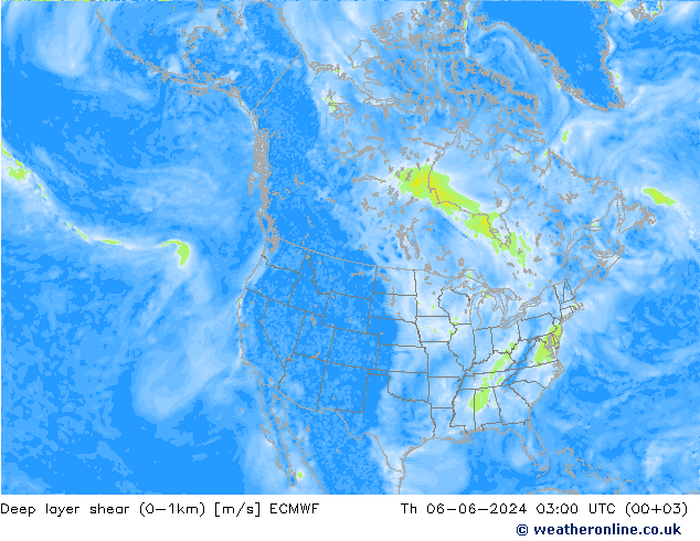 Deep layer shear (0-1km) ECMWF Do 06.06.2024 03 UTC