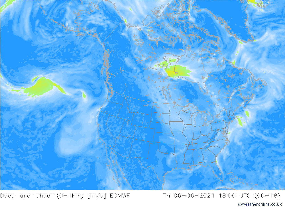 Deep layer shear (0-1km) ECMWF Qui 06.06.2024 18 UTC