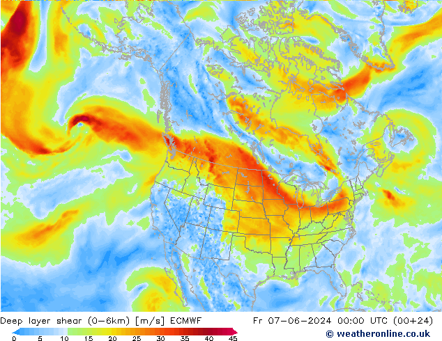 Deep layer shear (0-6km) ECMWF 星期五 07.06.2024 00 UTC