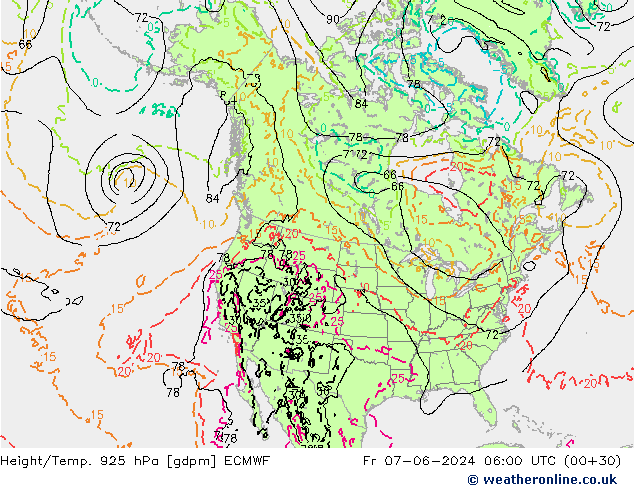 Hoogte/Temp. 925 hPa ECMWF vr 07.06.2024 06 UTC