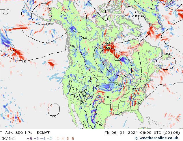 T-Adv. 850 hPa ECMWF Qui 06.06.2024 06 UTC