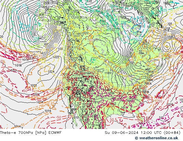 Theta-e 700hPa ECMWF Paz 09.06.2024 12 UTC