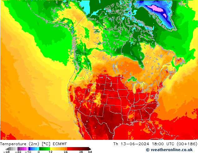 Temperatura (2m) ECMWF Qui 13.06.2024 18 UTC