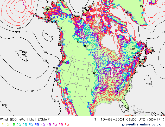 Wind 850 hPa ECMWF do 13.06.2024 06 UTC