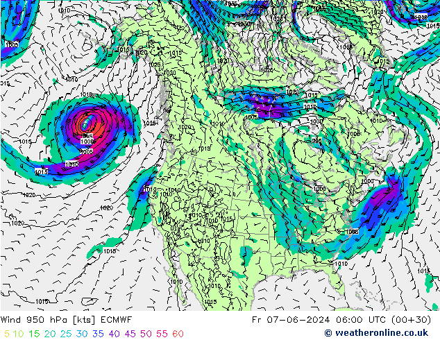 Wind 950 hPa ECMWF Fr 07.06.2024 06 UTC