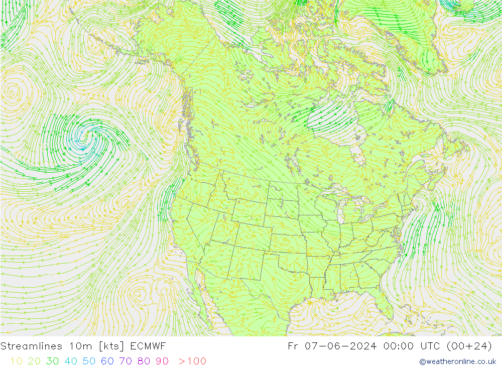 Stroomlijn 10m ECMWF vr 07.06.2024 00 UTC