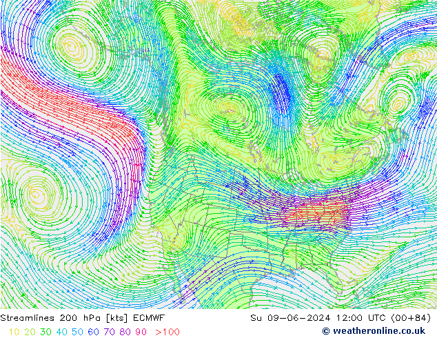 Ligne de courant 200 hPa ECMWF dim 09.06.2024 12 UTC