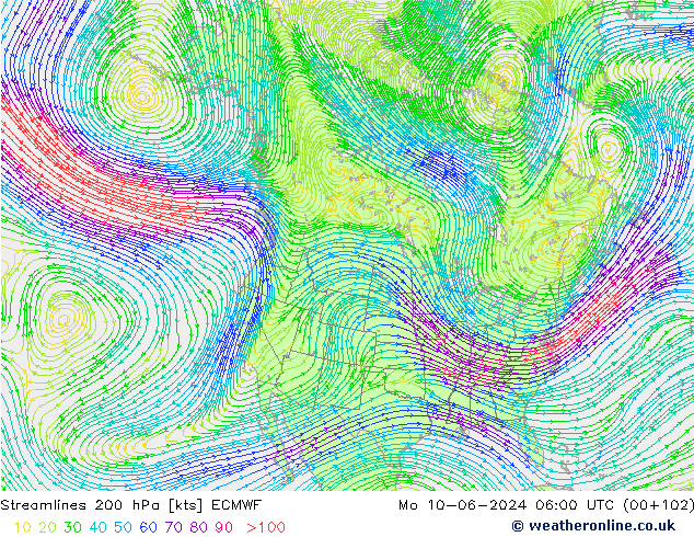 Streamlines 200 hPa ECMWF Po 10.06.2024 06 UTC