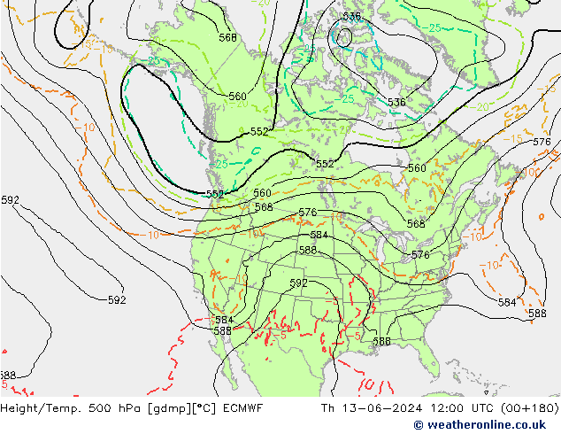 Z500/Rain (+SLP)/Z850 ECMWF Čt 13.06.2024 12 UTC