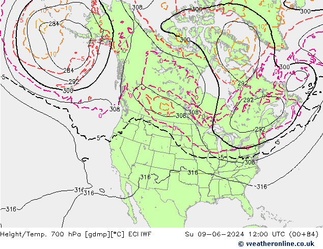 Height/Temp. 700 hPa ECMWF So 09.06.2024 12 UTC