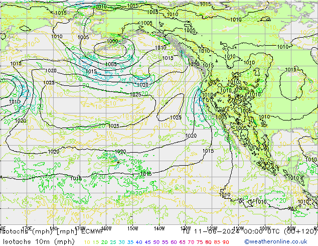 Isotachs (mph) ECMWF Út 11.06.2024 00 UTC