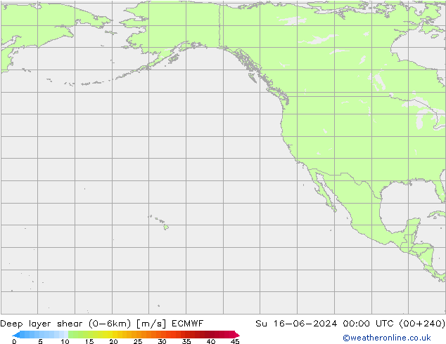 Deep layer shear (0-6km) ECMWF zo 16.06.2024 00 UTC