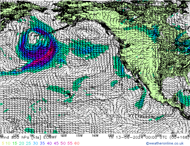 Wind 850 hPa ECMWF do 13.06.2024 00 UTC