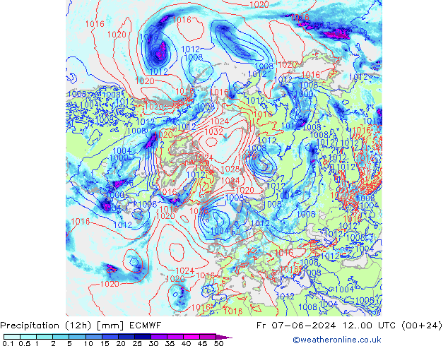 Precipitation (12h) ECMWF Fr 07.06.2024 00 UTC