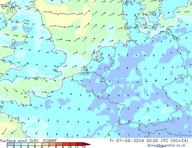 Surface wind (bft) ECMWF Fr 07.06.2024 00 UTC