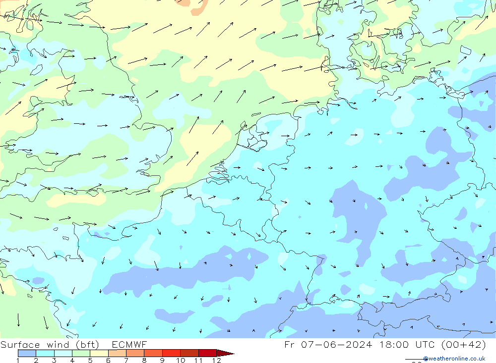 Vento 10 m (bft) ECMWF ven 07.06.2024 18 UTC