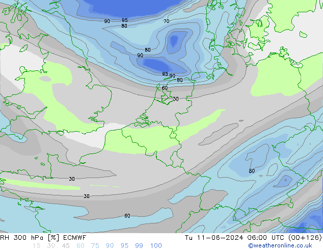 RH 300 hPa ECMWF Tu 11.06.2024 06 UTC