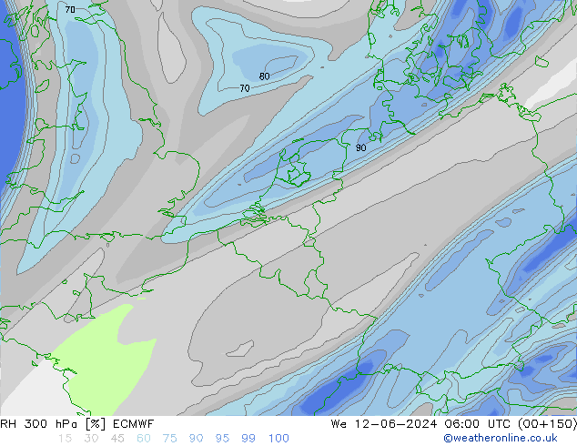 Humedad rel. 300hPa ECMWF mié 12.06.2024 06 UTC