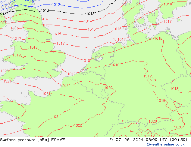 Atmosférický tlak ECMWF Pá 07.06.2024 06 UTC