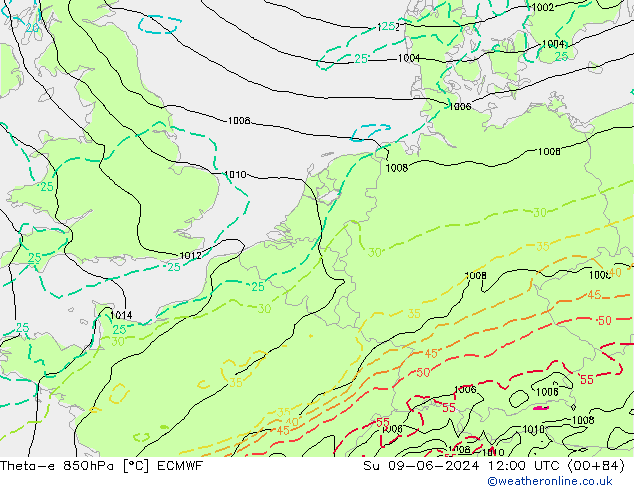 Theta-e 850hPa ECMWF Su 09.06.2024 12 UTC