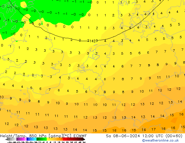 Z500/Rain (+SLP)/Z850 ECMWF Sa 08.06.2024 12 UTC