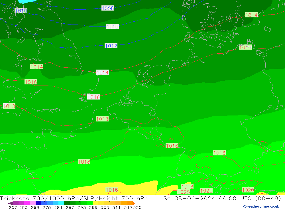 Espesor 700-1000 hPa ECMWF sáb 08.06.2024 00 UTC