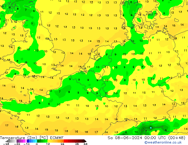 Temperature (2m) ECMWF Sa 08.06.2024 00 UTC