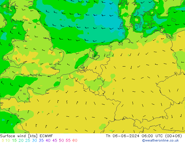 wiatr 10 m ECMWF czw. 06.06.2024 06 UTC